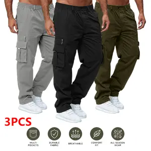 Set of 3 men’s cargo casual pants—fashionable street style with multiple pockets. Outdoor hiking and running athletic long pants that are lightweight and breathable. Practical multi-pocket design for everyday casual wear, light sports, and travel.
