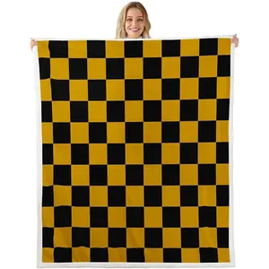 Checkered Throw Blankets Teen Women Men Yellow Black Plaid Soft Cozy Fleece Blankets Kids Boys Girls Cute Retro Neutral Checkerboard Geometric Vintage Aesthetic Room Decor