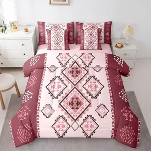 7 Pcs Southwestern Aztec Bed in A Bag Western Bohemian Comforter Set,Exotic Tribal Mexican Geometric Bedding Set,Ethnic Native American Sheet Set with Comforter
