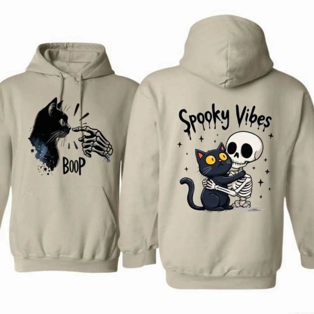 Spooky Vibes Halloween Hoodie, Cute Black Cat And Skeleton Hug Hoodie, Trendy Halloween Hoodie, Unisex Graphic Tee For Men And Women, Gifts For Halloween