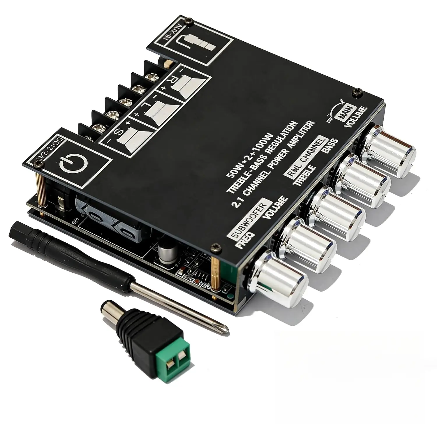 Bluetooth 5.1 Audio Stereo Amplifier Board,50W x 2 + 100W HiFi 2.1 Channel Mini Subwoofer Power Amp Module with Treble & Bass Control,DC 12-24 V, Audio Amp Board for Home DIY Wireless Speaker