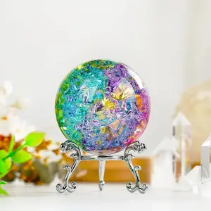 Colorful Cracked Crystal Sphere with Stand, Glass Divination Ball, Creative Desktop Ornament for Home & Office Decor