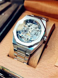 Men's Classic Business Mechanical Watch, Blue Round Analog Dial, Luminous Hands, Stainless Steel Case, Casual Style Gift Box Included, Mechanical Style Watches