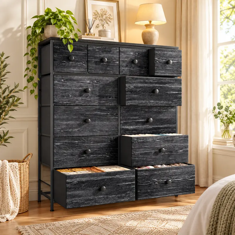 Raybee 12-Drawer Fabric Storage Cabinet - Indoor Cupboard, 12lb Load Capacity, Wooden Waterproof Top, Metal Frame, 4 Medium Scratch-Resistant Drawers, Adjustable Feet, Storage Cabinet Chest, Dresser for Bedroom, Modern Room Decor, Anti-Tip Safety