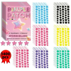 1400pcs Star-Shaped Hydrogel Patches, Multicolor, Alcohol-Free, Odorless, Gentle Non-Irritating, Gentle Coverage, Covers Imperfections, High-Quality Salicylic Acid & Tea Tree Oil, Acne Spot Treatment