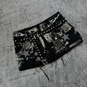 Y2K New Gothic Retro Black Denim Skirt Harajuku Star Graphic Rhinestone Rivet Mini Skirt Sexy Hot Girl Slim Low Waist Hip Skirts