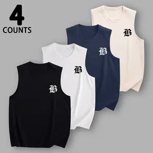 Men's Stretchy V-Neck Vests with Old English "B" Graphic Print, 4-Piece Set in a Relaxed Fit for Summer, 4-Piece Set 1