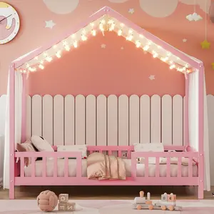 Twin Montessori Floor Bed, Kids Twin House Bed with High Rails, Wood Kids Low Floor Bed with Roof & Canopy, Montessori Twin Kids Bed Frame for Girls, Boys,No Box Spring Needed, Pink