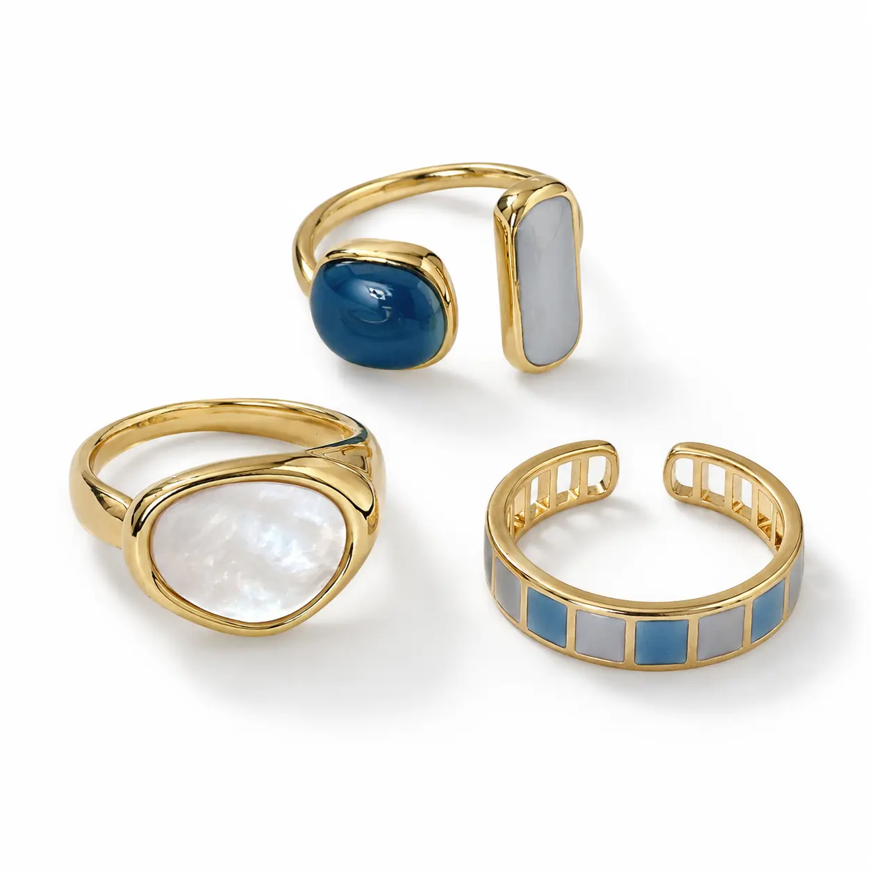 Women’s Geometric Enamel Open Ring, Gold-Tone Adjustable Statement Band with Blue Gray Colorblock or White Oval Inlay, Minimalist Retro Fashion Jewelry for Daily Wear, Parties, Birthdays and Gift Giving