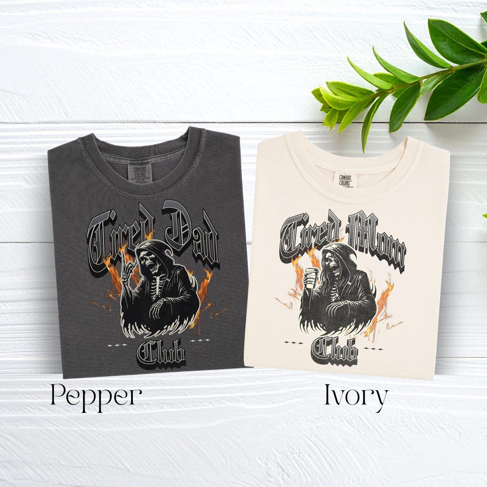 Women’s Cotton Short-Sleeve Ribbed Round Neck Regular Fit Graphic T-Shirt Top – Tired Mom Club, Skeleton Coffee Vintage Gothic Design, Casual Everyday Wear Gift for Mothers