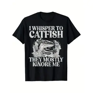 BDHJYDB Funny Catfish Graphic T-Shirt - I Whisper to Catfish They Mostly Ignore Me Slogan with Fishing Rod & Hook Design - Lightweight Short Sleeve Round Neck Casual Tee for Men & Women - All-Season Co [Plus Size] Slogan Print Casual Short Sleeve T-Shirt