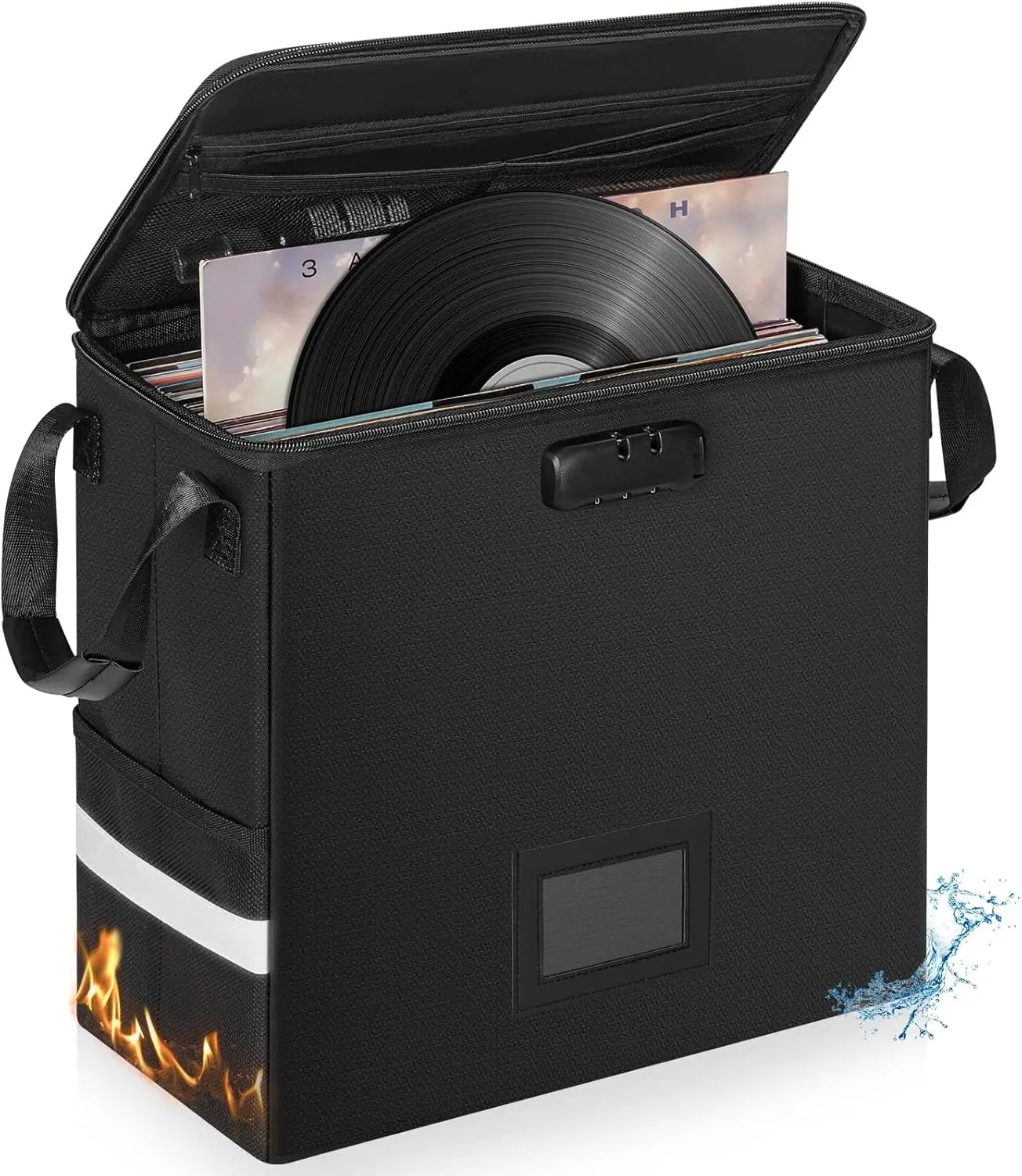 Fireproof Vinyl Record Storage Box, Record Storage Organizer with Lock, Fireproof Record Case Fits 50+ 7/10/12 Inch Single Vinyl Records, Large Capacity File Storage Organizer