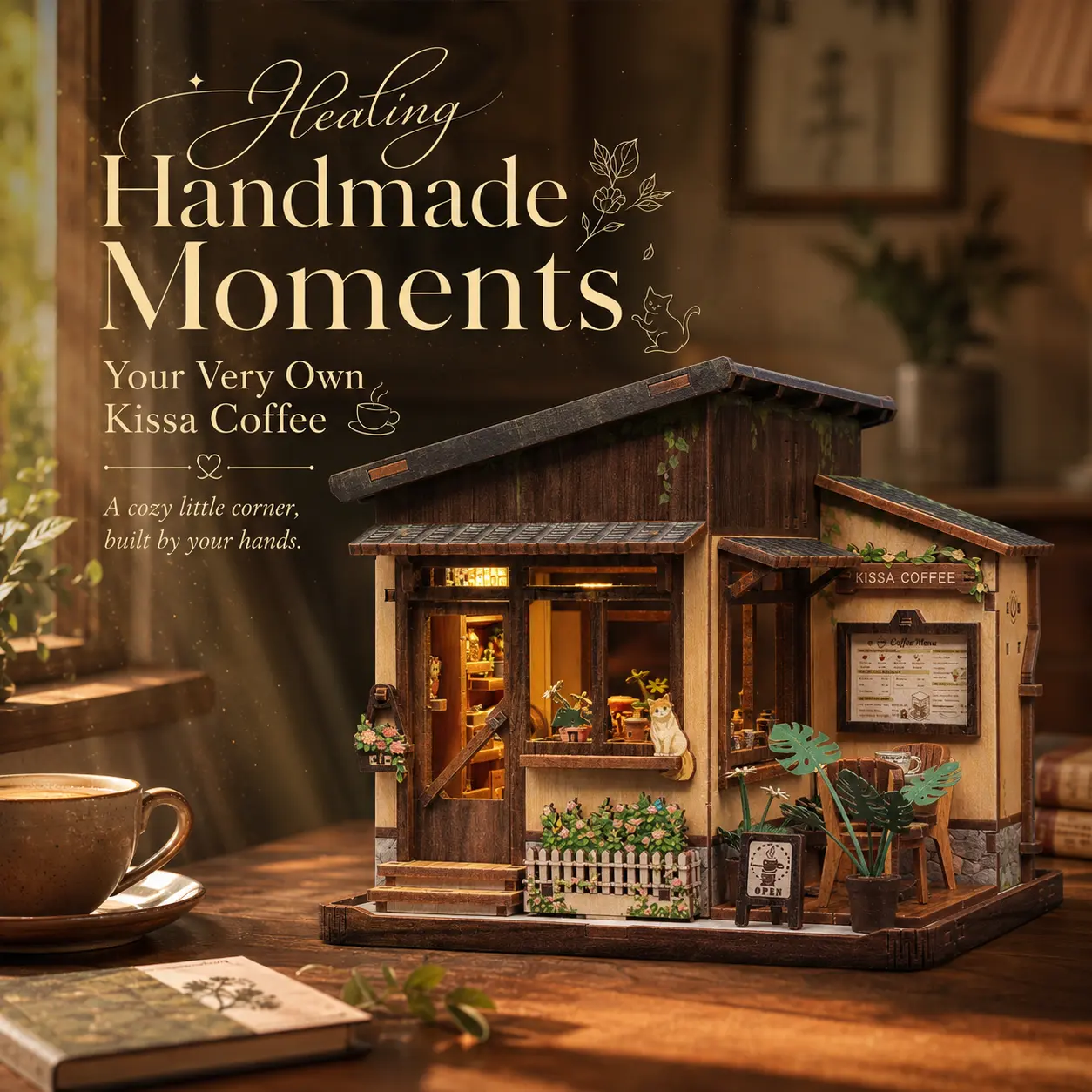 CUTEBEE Kissa Coffee Unisex DIY Miniature House Kit with LED Light, 262-Piece Cozy Cafe Model Building Set, Miniature Things for Adults 14+ as Creative Gift & Desk Decor