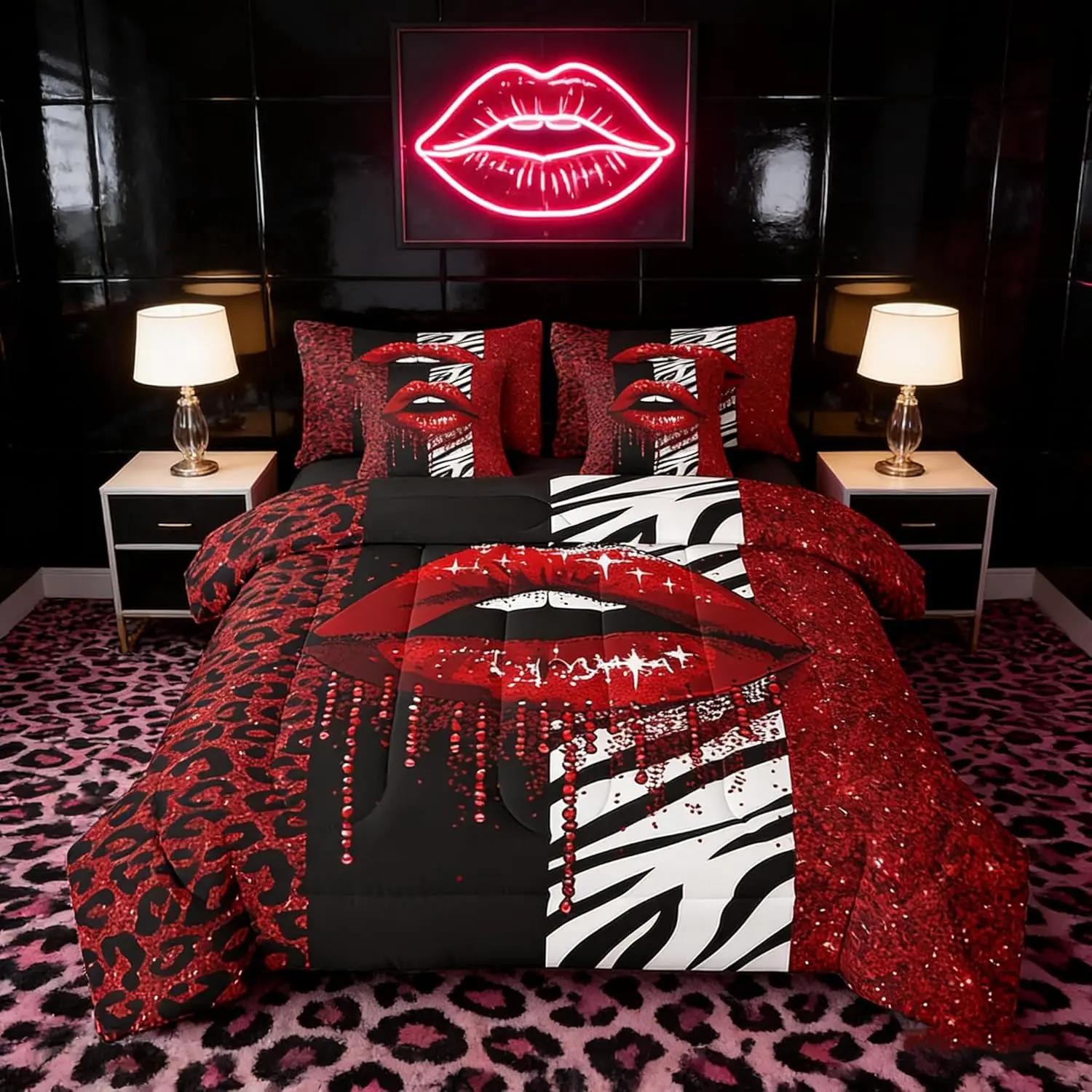 7 Pieces Glitter Lips Comforter,Red Sequins Sparkling Bed Set,Black White Leopard Zebra Print Bedding(1 Comforter,1 Fitted Sheet,1 Flat Sheet,2 Pillowcases,2 Throw Pillow Cover)