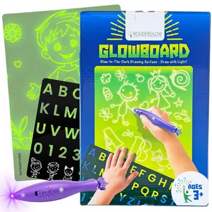 GlowBoard - Glow-in-the-Dark Drawing Board with Purple Light Pen for Kids Ages 3+ - Reusable Double-Sided Surface for Spelling Math Games & Tic-Tac-Toe