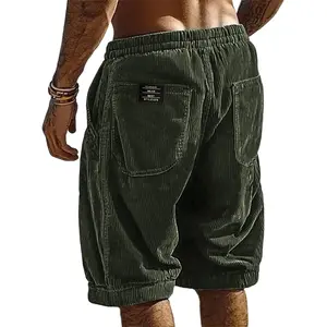 Men's Classic Retro Thick Soft Corduroy Casual Mid-Length Shorts, Elastic Waist, Loose Fit, Multi-Pocket, Striped Thermal Street Style for Everyday Wear, Plain Design, All Body Types Menswear Bottoms