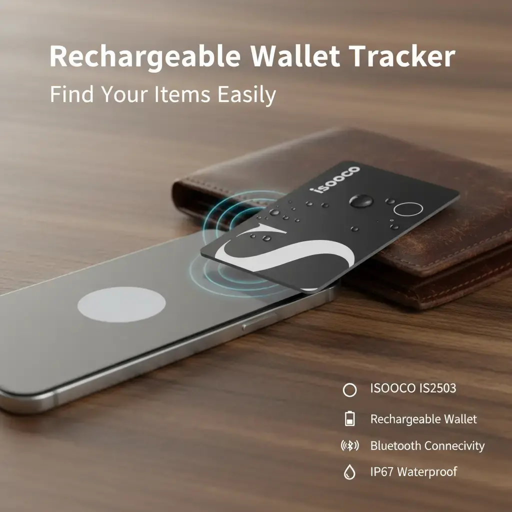 ISOOCO IS2503 Rechargeable Bluetooth Wallet Tracker Card - Portable Mini Anti-Lost GPS Smart Tag, Wireless Charging, IP67 Waterproof, Slim Slip-In Fit, Sound/Left-Behind Alerts, Home Organization, Works with iOS & Android for Cells & Personal Belongings