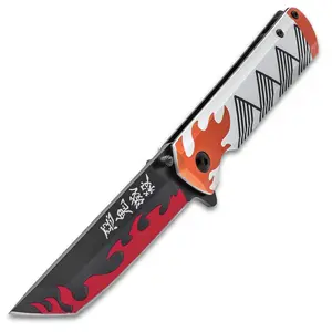 Demon Slayer Pocket Knife - 3Cr13 Stainless Steel Blade, Aluminum Handle Scales, 3D-Printed Artwork - Closed 4 1/2”