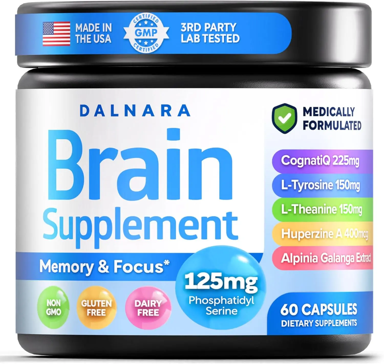 Brain Supplement for Memory and Focus for Men and Women with Alpinia Galanga CognatiQ Phosphatidylserine L-Theanine and L-Tyrosine Nootropic Brain Booster for Mental Clarity Energy and Concentration Support Cognitive Health Wellness 60 Capsules