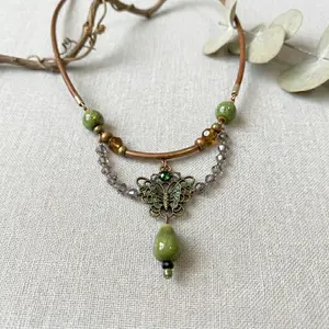 Boho Fairycore Butterfly Necklace  | Forest Green Ceramic Beaded | Unique Retro Accessories for Summer