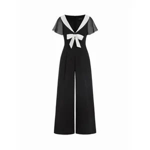 Cider Chiffon V-neck Colorblock Ruffle Sleeve Bowknot Ruched Wide Leg Jumpsuit