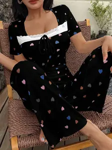 Women's Heart Print Short Sleeve Sleepwear Set, Pajama Set, Pjs, Breathable Fabric, Soft and Comfortable, Indoor Outdoor Wear Loungewear, Casual Home Clothes Homewear Two-Piece