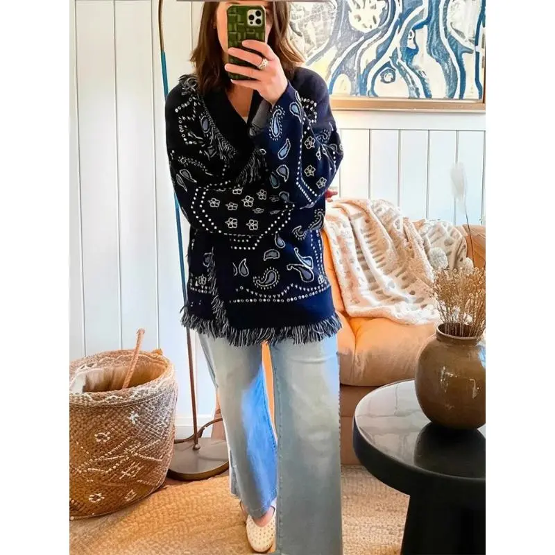 Women's Print Knitted Cardigan Casual Chic V-neck Long Sleeve Single-breasted Loose Sweater 2025 Lady Autumn Street Coats Tops Womenswear Winter Knitwear Knitting sueter para mujeres Gift