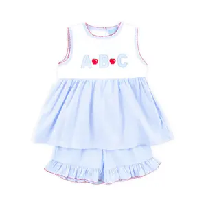 ABC & Apple Light Blue Stripe Avery Short Set - Soft 2Pc Back to School Outfit for Girls
