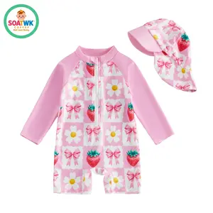 Kids Girl Rash Guard Swimsuits Strawberry Bow Floral Print Long Sleeves Swimwear and Swim Cap for Toddler