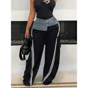 Denim Patchwork Elastic Waist Drawstring Loose Straight Pants Striped Casual Sweatpants Women's Long Pants adjustable jeans Womenswear Bottom 2-pack woman jogger workout boot cut bling Polyester Printed Trouser Streetwear