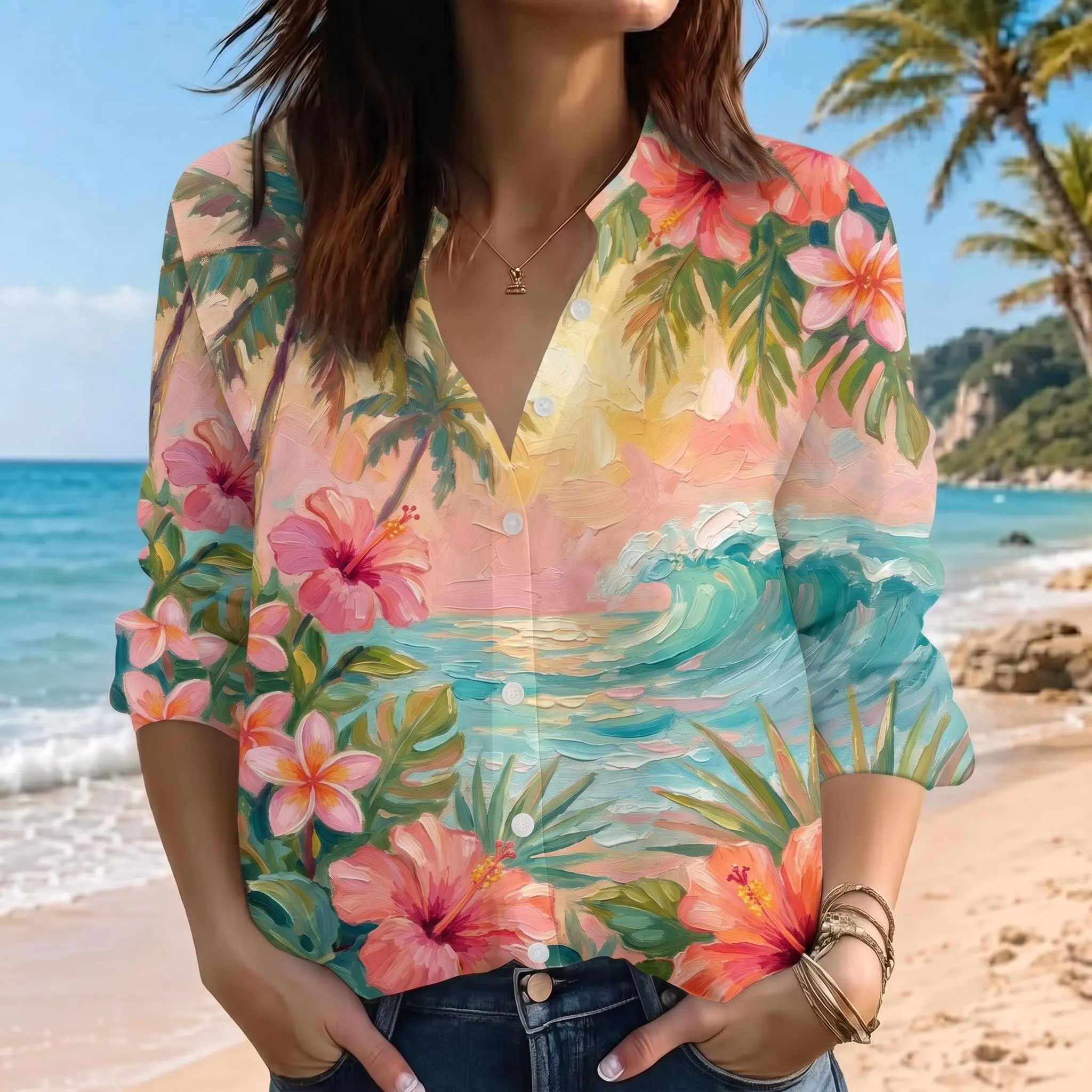 Tropical Coconut Sunset Linen shirt , Floral Hawaiian Blouse, Ocean Wave Beach Wear, Summer Vacation Button Down Top
