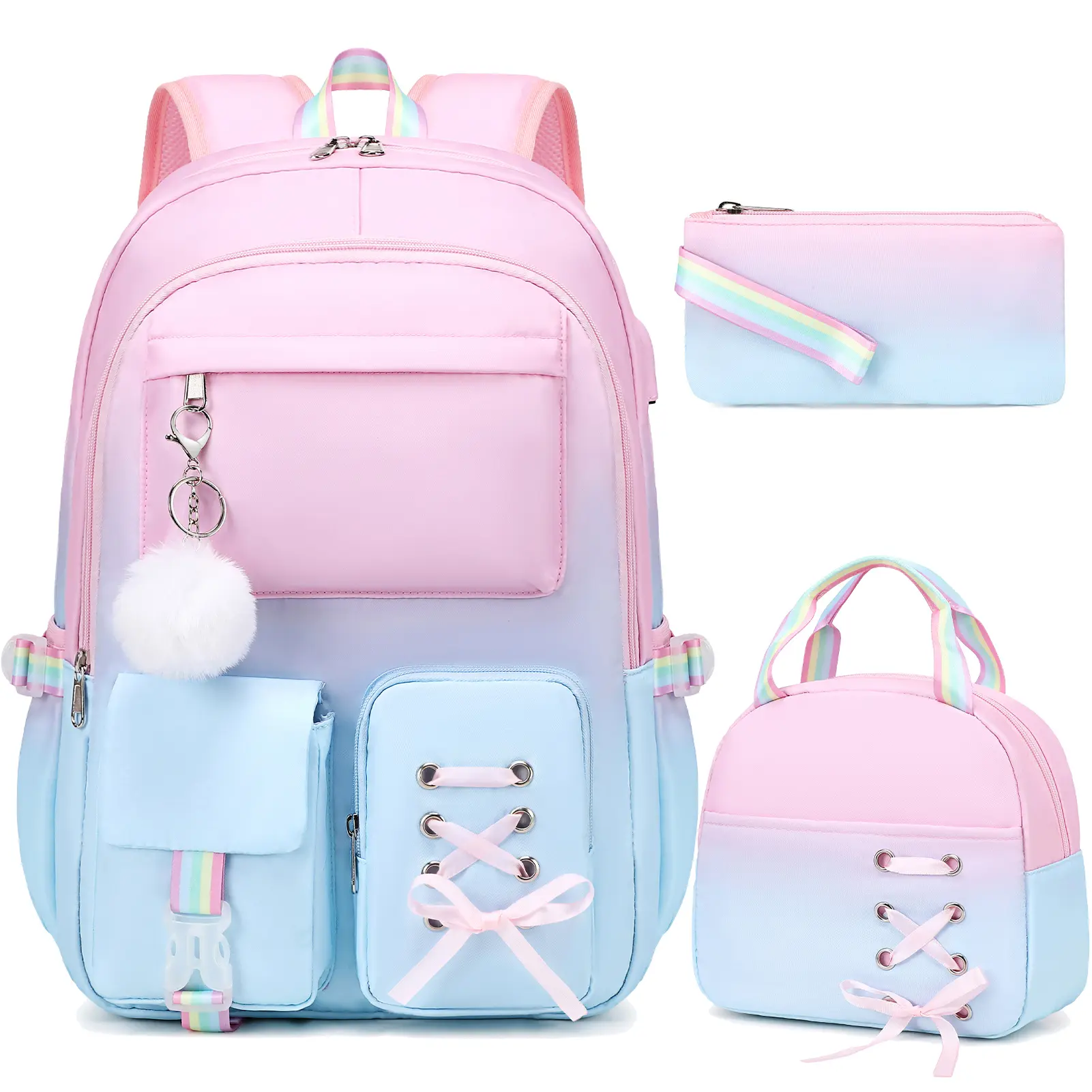 SIMILOVE Ribbon Gradient School Backpack with Laptop Compartment - Personal Item and Food Bag & Zip Pouch/Tote Bag for Women Teens School College Student Hiking, Bookbag Daypack Laptop Travel Backpack for Women, Waterproof, Lightweight,Organiser