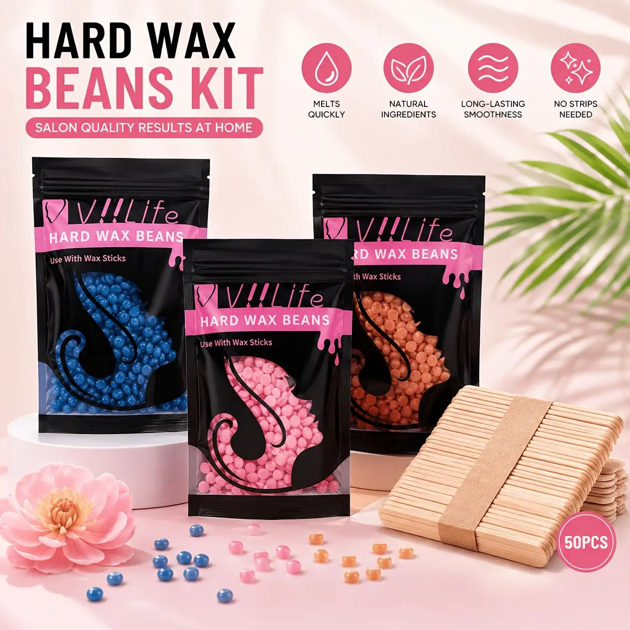 Brazilian Hard Wax Beads with Applicator Stick, Wax Beads for Brazilian Waxing, Blue Hair Removal Wax Beans, Gentle No Residue, Full Body Facial Back Hand Leg Depilation, Easy Hair Removal