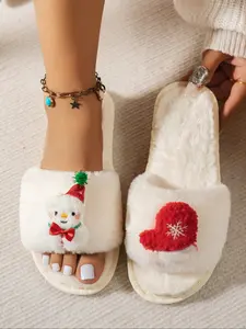 Women's New Christmas Theme Fuzzy Home Slippers, Cartoon Snowman Design, Soft Plush, One-Piece Easy Wear, Fall & Winter Comfort