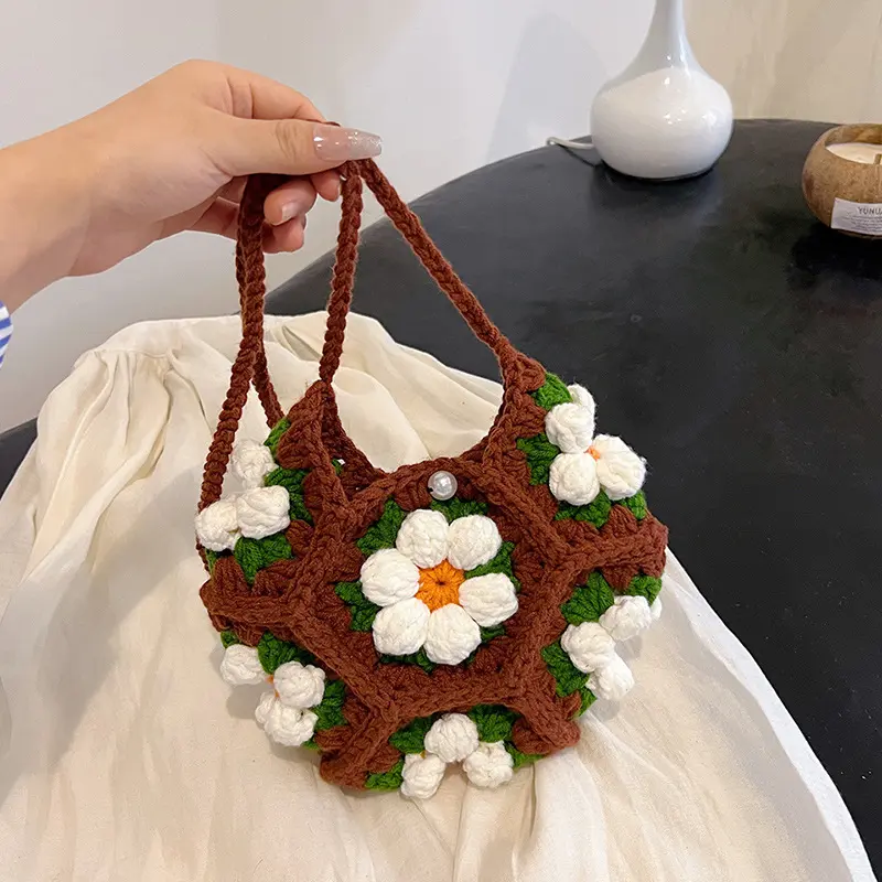 Spring Handmade Knitted Bag Women's Crochet Flower Simple Cute Crossbody Ready-to-Wear Handbag Detachable Strap Hip with Coin Purse Korean Plaid Lightweight Punk Skull Messenger Versatile Fashion Magnetic Flap Tote Vintage Print Leather Nylon Kiss Lock