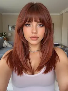 18 Inch Medium Length Wig with Bangs, Comfortable Synthetic Hair Wigs for All Seasons, Versatile Style Suitable for Any Occasion