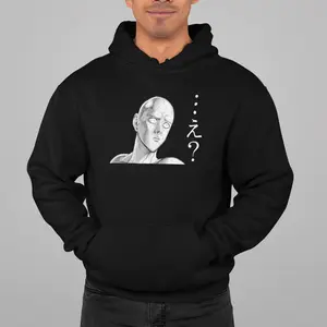Saitama "...Eh?" Expression Hoodie - Effortlessly Unimpressed - Unisex Eco Raglan Sweatshirt with Drawstrings & Ribbed Cuffs - Black Cotton Blend