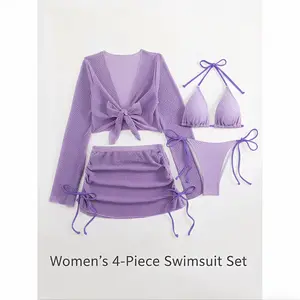 Women's 4-Piece Swimsuit Set, Plain Off-Shoulder Bikini, Transparent Mesh Skirt, High Elastic Fabric, Swimming Belt Detail, Beach Bikini, Swimsuit Style Bikini