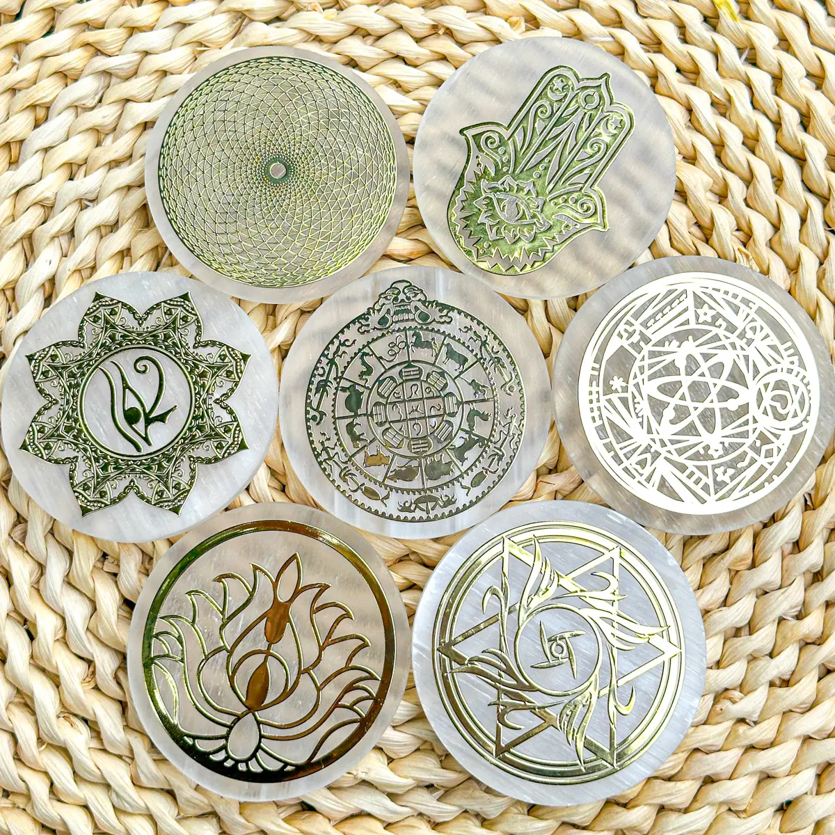 【Star Gate】1 count Sacred Geometry Selenite Plate | Crystal Charging Disk | Hand-Etched Energy Cleansing Tool