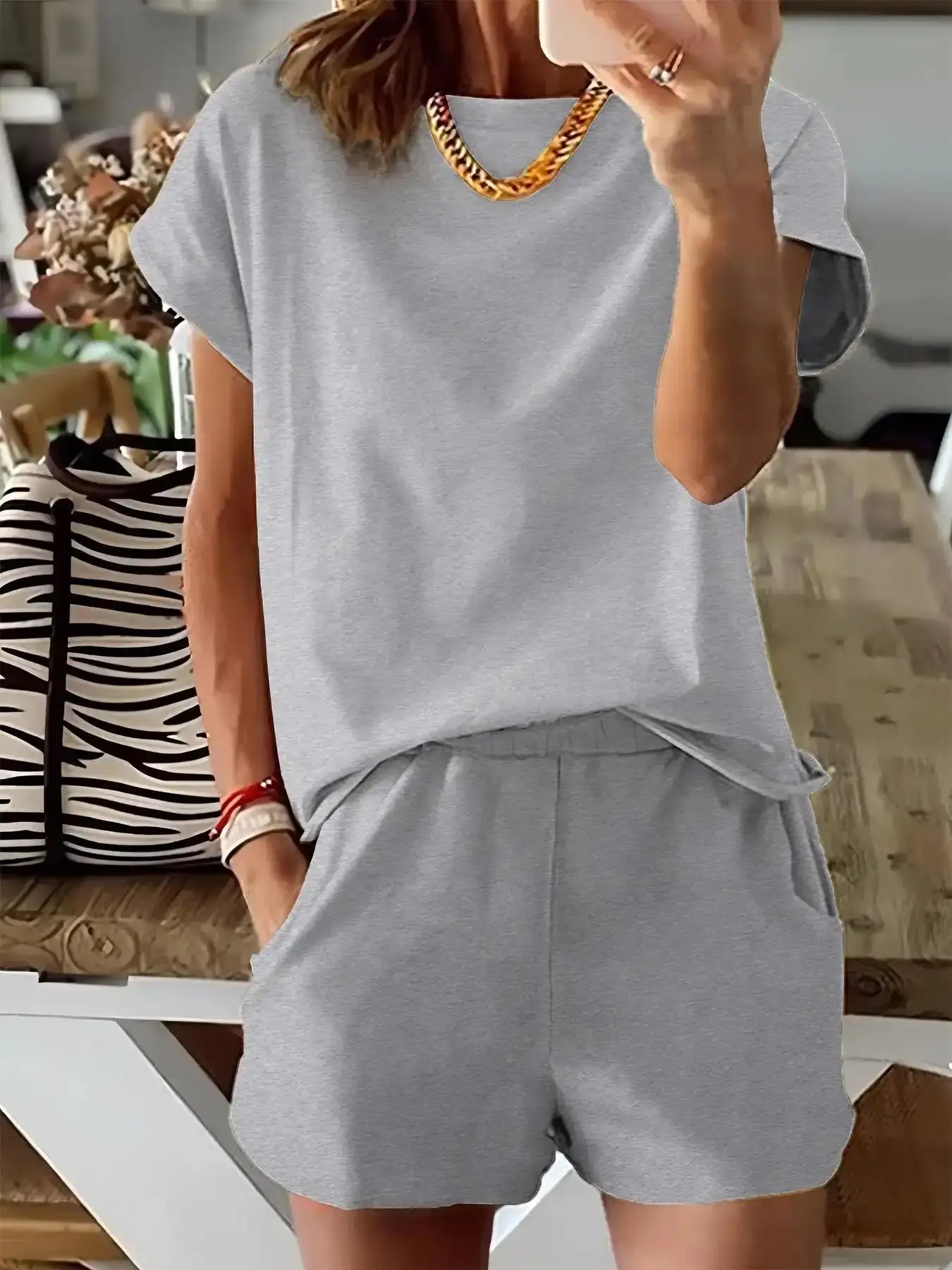 Women's Summer Short Sleeve Plain Slim Fit Set, Natural Waist Long Regular Pants & Top, Sexy Casual for Daily Wear Outfit, Womenswear elegant sleek intimates seductive warm weather basics