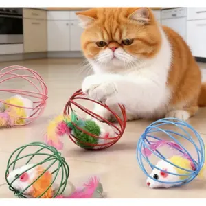 Cat Toy Cage Mouse Teaser Stick with Artificial Feather Tail Mini Ball Self-Entertainment Cat Toy Ball Self-Amusement Teaser Stick Kitten Teaser Artifact Cat Kitten Pet Teething Toy Supplies cat stuff cool cat stuff  cat accessories