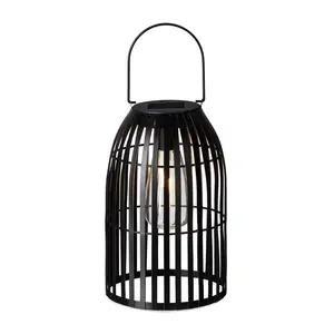 Glitzhome 9.75"H Metal Woven Black Solar Powered Outdoor Hanging Lantern with Edison Bulb