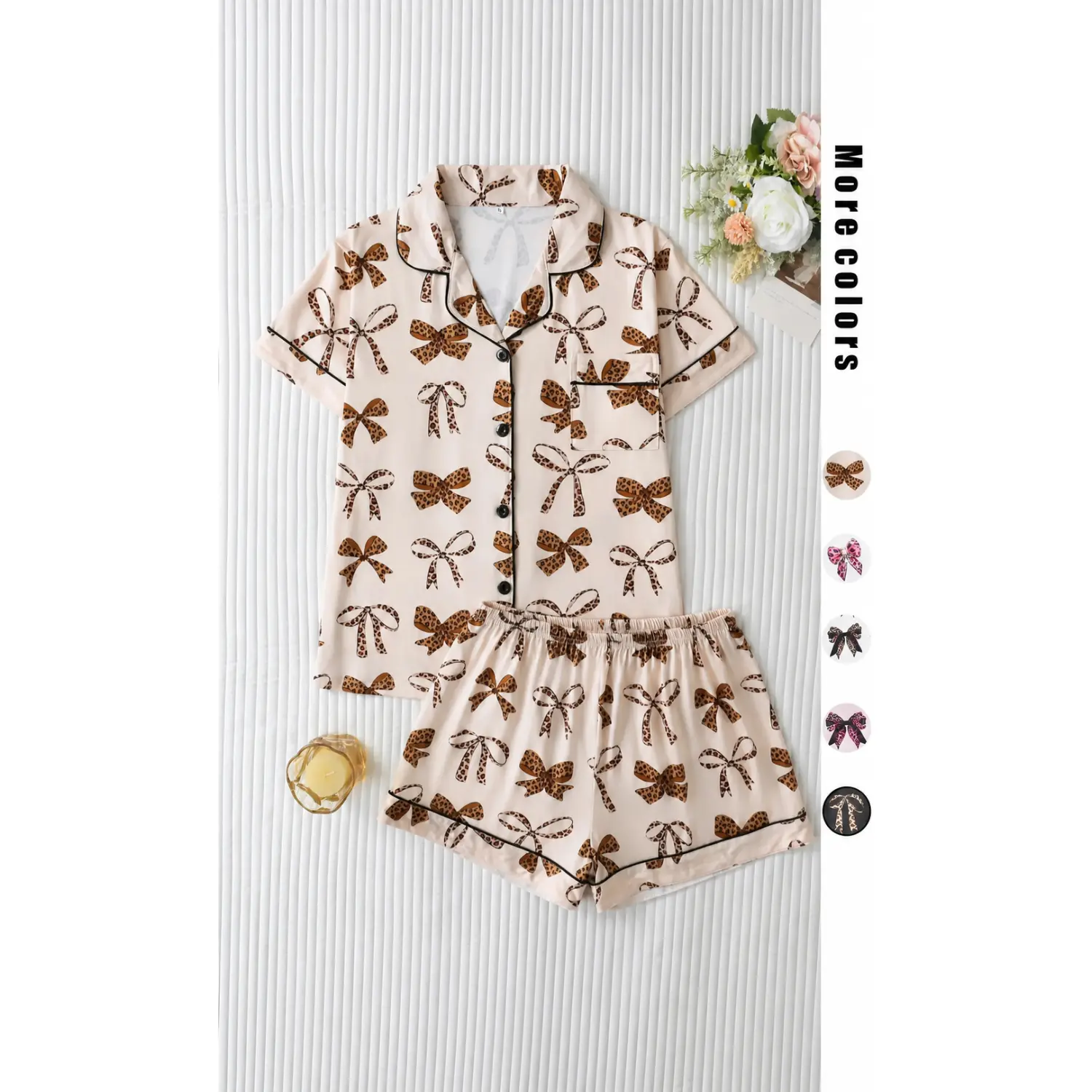 Leopard Bow Print Women's Sleepwear Set, Casual Fitted Short Sleeve Top & Relaxed Shorts, Elegant Ladies' Nightwear