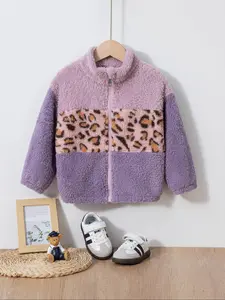 Toddler Girls' Fleece Jacket Zipper Closure Leopard Print Colorblock Soft Comfortable Warm Cute Casual Top for Ages 3-8, Perfect for Parties Gifts