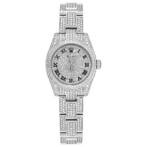 Rolex Oyster Perpetual 26mm 176210 Automatic Stainless Steel Aftermarket Full Diamond Paved Case, Bezel, Bracelet and Dial Black Roman Numerals Ladies Watch WHT031716