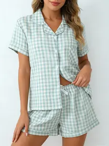 Fresh Girl Mint Green Gingham Pajama Set for Women, Sleepwear Pajamas Set, Button Down Short Sleeve, Spring Summer Casual Loungewear, Classic Plaid Lounge Pants, Loose Fit Homewear