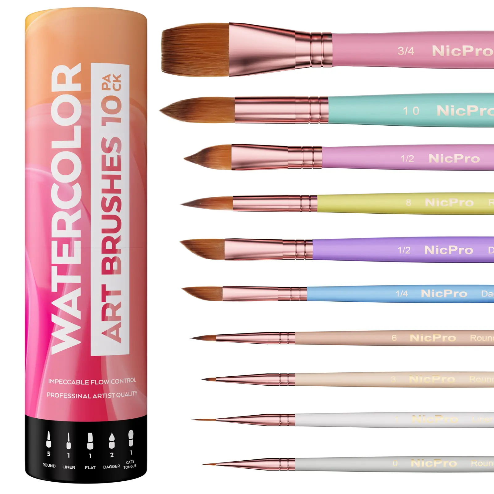 Nicpro 10-Pack Pastel Assorted Brush Combo - Professional Synthetic Bristle Wooden Handle, Assorted Brush Sizes (Pointed Round, Cat Tongue, Fine Tip Liner, Dagger, Wash) with Holder & Bag for Watercolor, Gouache (Adults, Beginners) Office Art Supplies, De