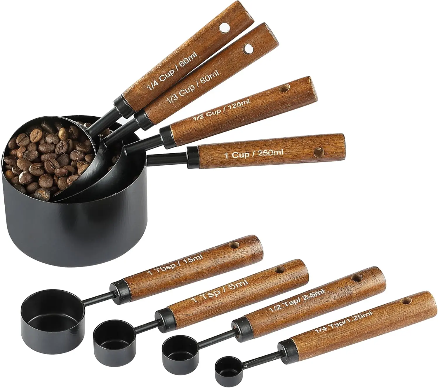 Sturdy Multifunctional Kitchen Measuring Utensils - Stainless Steel 4/8-Piece Counting Set with Eco-Friendly Wooden Handle, 8 Black Measuring Cup Included, Accurate Food Scale