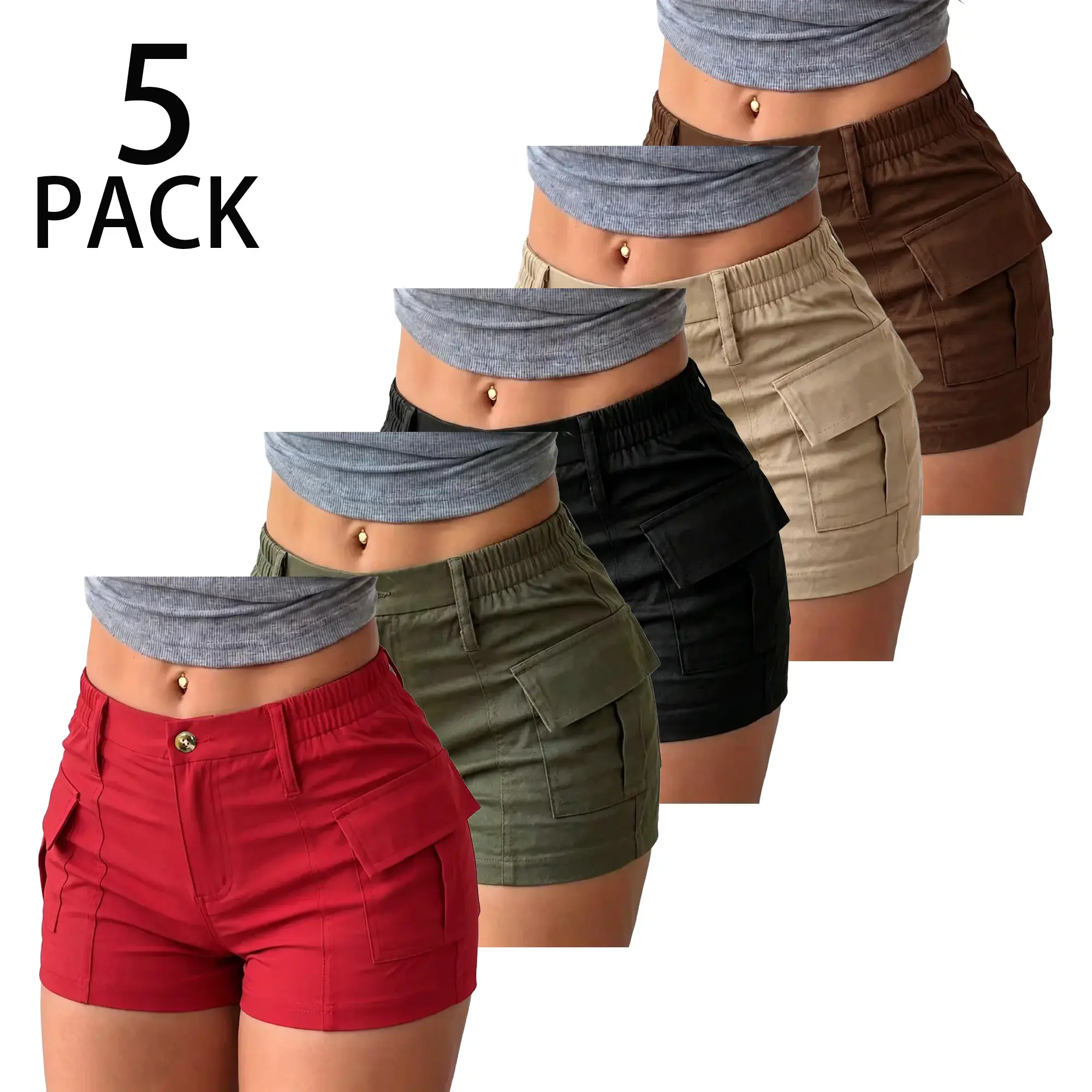 Pack of 5 Women’s Vintage Cargo Shorts — High-Waisted, Large Pockets, Hot-Girl Style, Casual Hot Pants, Multiple Colors