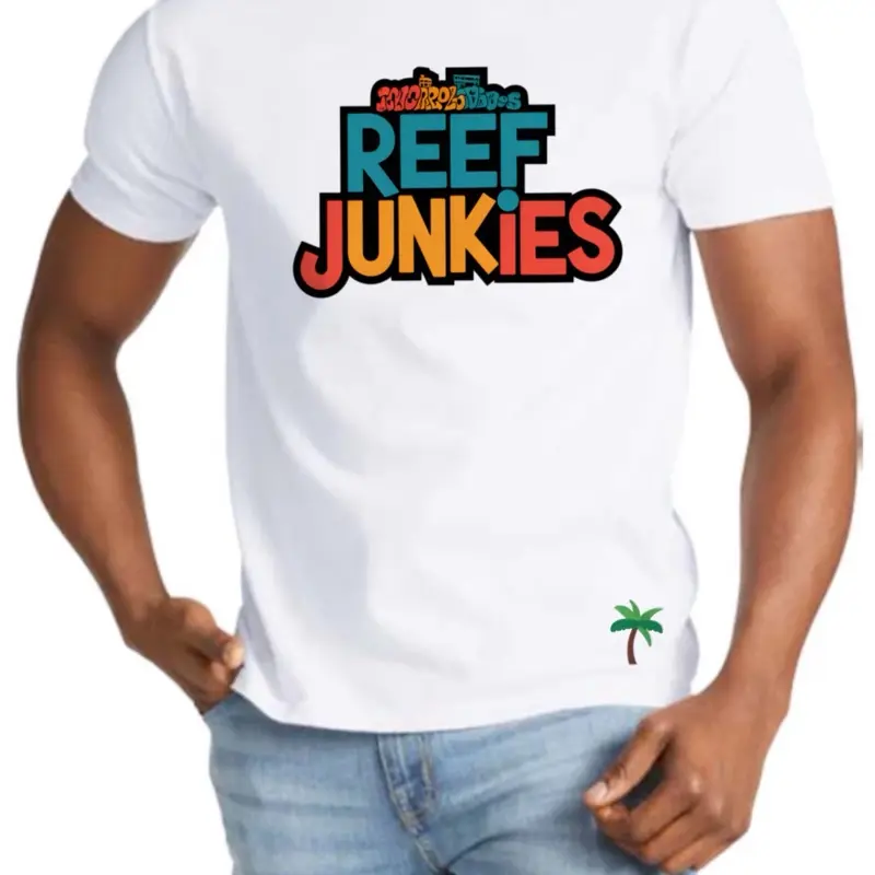 REEF JUNKIES Graphic T-Shirt - White Crew Neck with Unique Design, Regular Sleeve, Casual Style for Beach and Fashion Occasions - Top, Menswear Tropical Shortsleeve Tshirt
